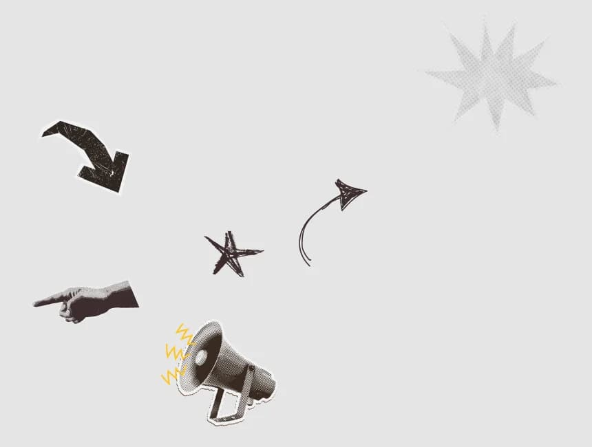 Halftone design elements: arrows, pointing hand, star, megaphone