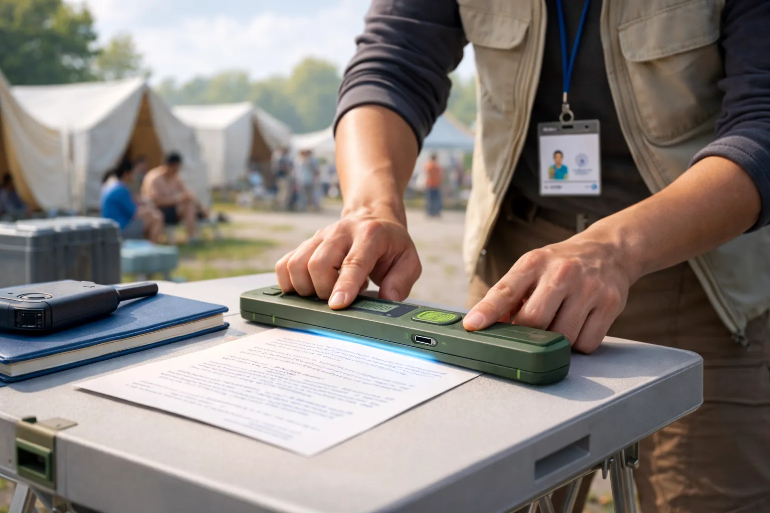 A caseworker scanning a document with the Solace scanner at a camp intake table
